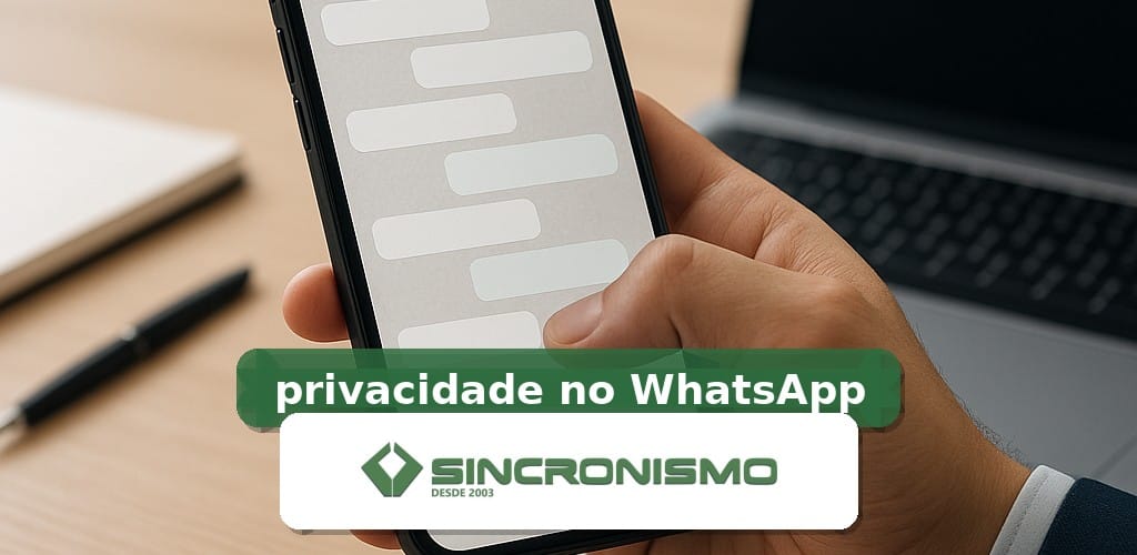 Imagem de destaque sobre privacidade no WhatsApp com marca da Sincronismo
